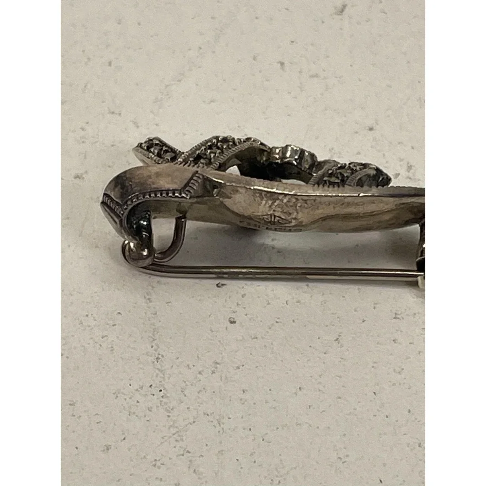 Vintage Sandal Brooch Sterling Silver Marcasite Gray Enamel Shoe Beach Pin